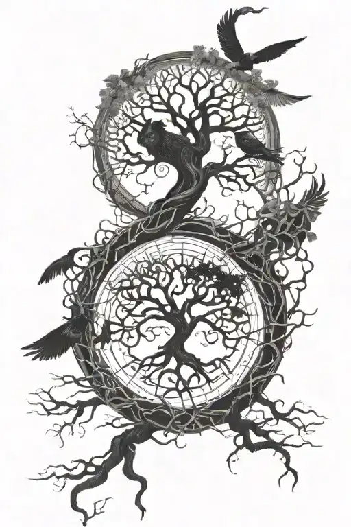 A tattoo of the world tree with long roots going down, alpha and omega symbol, wolf, owl, raven, Phoenix tattoo design idea