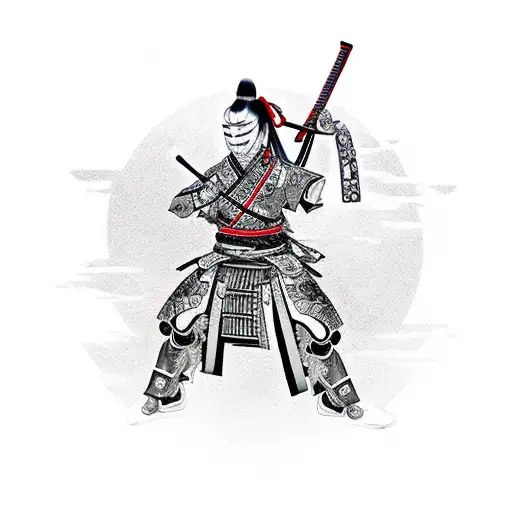 samurai girl with katana in oni mask in cyberpunk style tattoo design idea