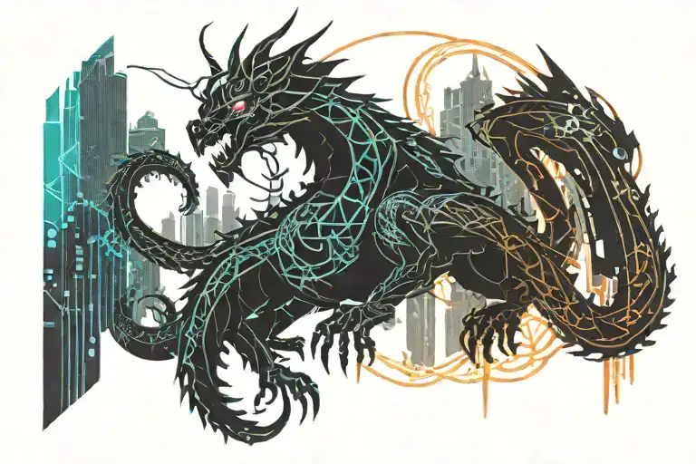 dragon asia city skyline made man statue tattoo design idea
