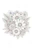 bouquet with 2 chrysanthemum flowers, a daisy, a marigold, a daffodil, and a delphinium tattoo design idea