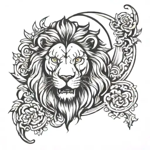 lion head above waxing crescent moon tattoo design idea