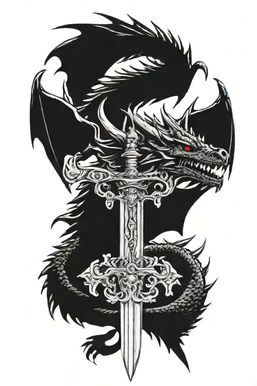black and white medieval fantasy game of thrones inspired dragon hoarding a sword  tattoo design idea