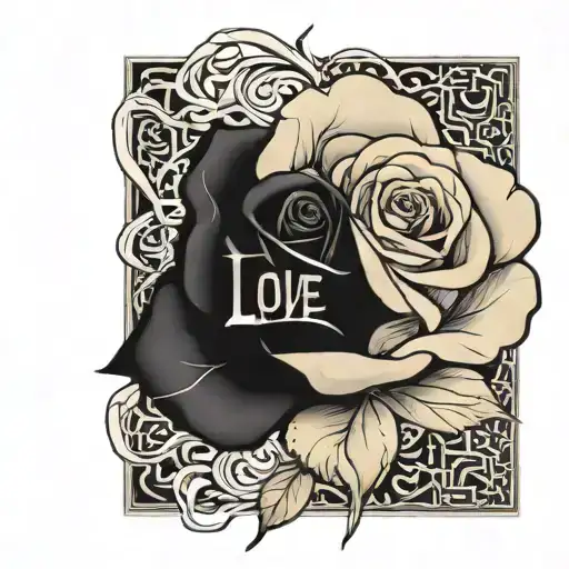 Black and beige rose interwoven with a gothic inscription that spells out "sweet love" tattoo design idea