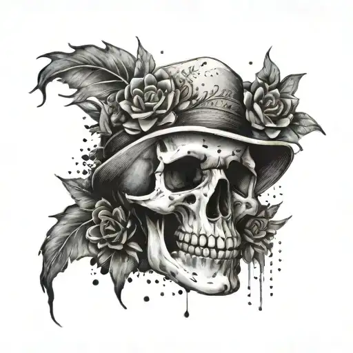 Country-themed skull with a succulent crown and accounting ledgers as background elements tattoo design idea