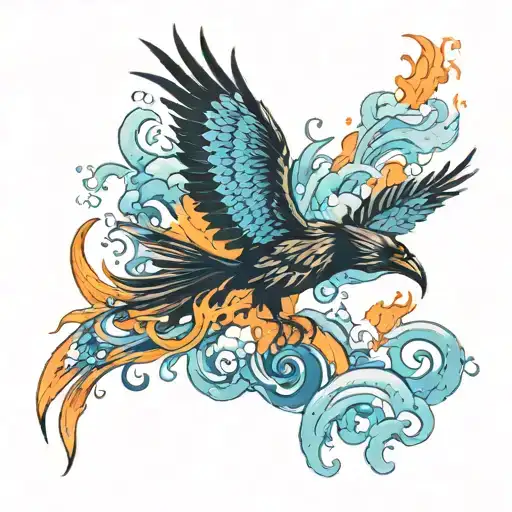 tribal flying crow carrying a blue ocean extinguishing an orange fire.  tattoo design idea