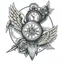 Tattoo for a medic, depicting a clock, a scalpel in a gloved hand, and angel wings. tattoo design idea