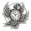 Tattoo for a medic, depicting a clock, a scalpel in a gloved hand, and angel wings. tattoo design idea