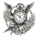 Tattoo for a medic, depicting a clock, a scalpel in a gloved hand, and angel wings. tattoo design idea