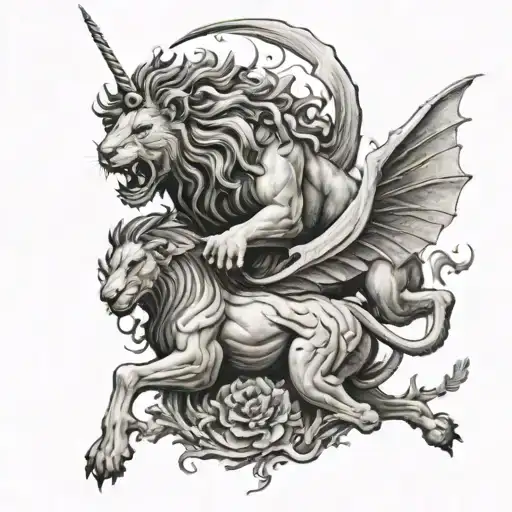 Lion, Unicorn, Dragon all fighting. Arm sleeve tattoo design idea