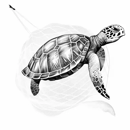 sea turtle with net as longitude and latitude lines. ship in waves being attacked by the kraken tattoo design idea