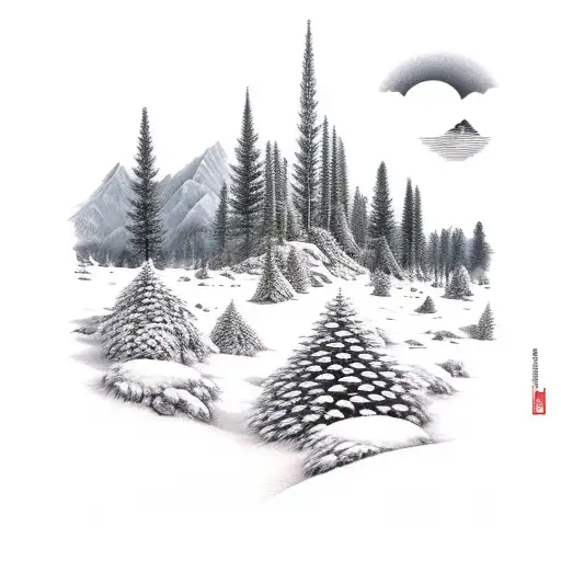 sunny pine forest with mountains and animals tattoo design idea