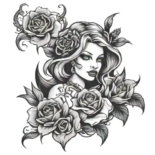 femme fatale and poisonous flowers blooming tattoo design idea