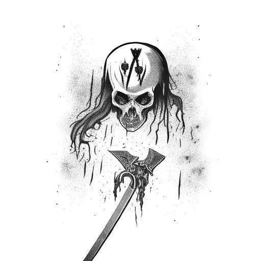 Hangman black with sword through head and heart with blood dripping down tattoo design idea