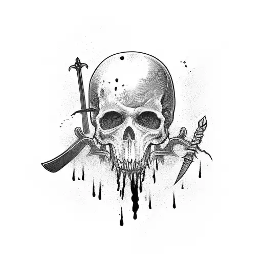 Hangman black with sword through head and heart with red blood dripping down tattoo design idea