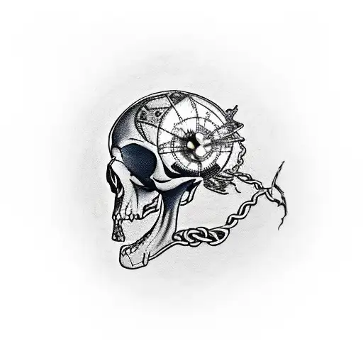 Raven sitting on a skull with a cracked pocket watch in the background trash polka style tattoo design idea