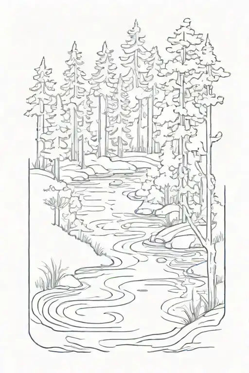 A serene lake surrounded by towering pine trees, with a hiking trail weaving through the forest tattoo design idea