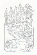 A serene lake surrounded by towering pine trees, with a hiking trail weaving through the forest tattoo design idea