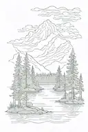 A serene lake surrounded by towering pine trees, with a hiking trail weaving through the forest tattoo design idea