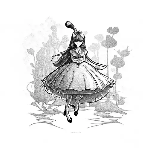 Alice in Wonderland characters surrounded by nature tattoo design idea