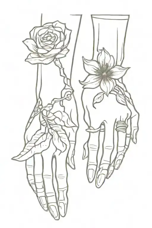 skeleton hand and flower intertwined tattoo design idea