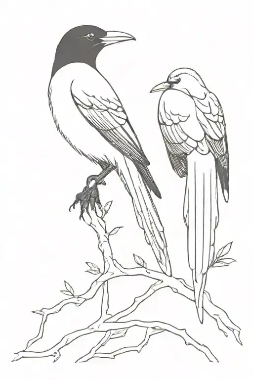 pair of european  magpie outlines  standing side by side tattoo design idea