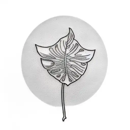 A minimalist tattoo of a monstera deliciosa leaf with a small airplane silhouette incorporated into its design tattoo design idea