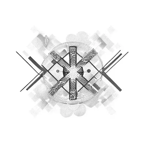 An abstract representation of a music coordinator surrounded by upside crosses tattoo design idea