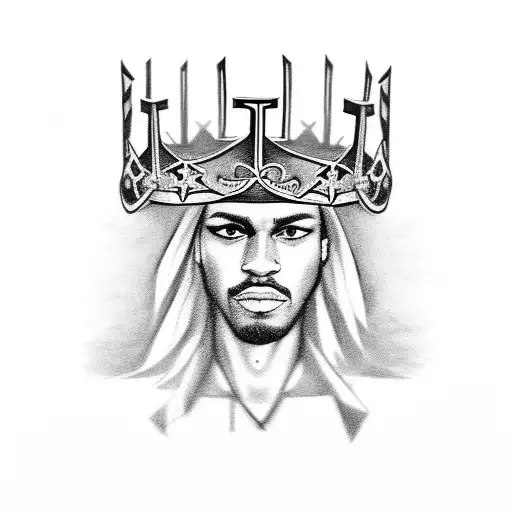 A detailed portrait of Lancey Foux wearing a crown of upside crosses tattoo design idea