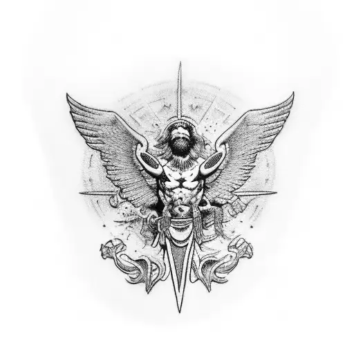 Icarus patch work leg sleeve with hermes tident pieced in tattoo design idea