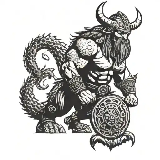 A fierce viking warrior doing a deadlift with a dragon tattoo on their back in a dotwork style tattoo design idea