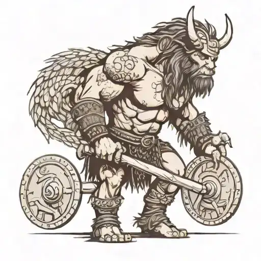 A fierce viking warrior doing a deadlift with a dragon tattoo on their back in a dotwork style tattoo design idea