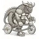 A fierce viking warrior doing a deadlift with a dragon tattoo on their back in a dotwork style tattoo design idea
