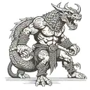 A fierce viking warrior doing a deadlift with a dragon tattoo on their back in a dotwork style tattoo design idea