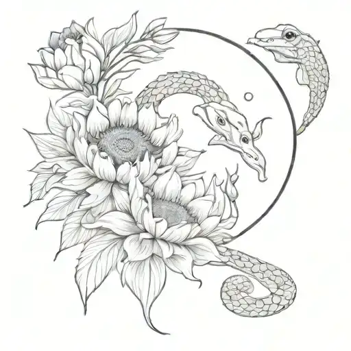 a moon surrounded with sunflowers peony tulips sunflowers Lilly and a snake tattoo design idea