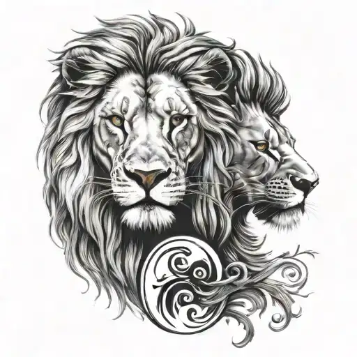 A tattoo design of a Yin-Yang symbol. One half contains the face of a lion, the other half the face of a lioness. tattoo design idea