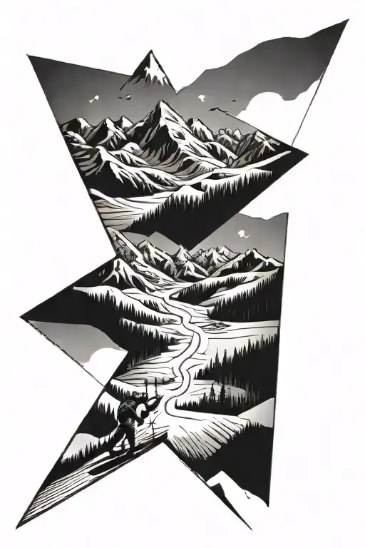 skiing slope surrounded by towering mountains tattoo design idea