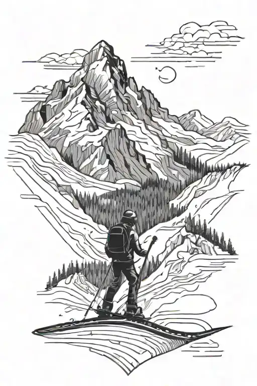 skiing slope surrounded by towering mountains tattoo design idea