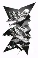 skiing slope surrounded by towering mountains tattoo design idea