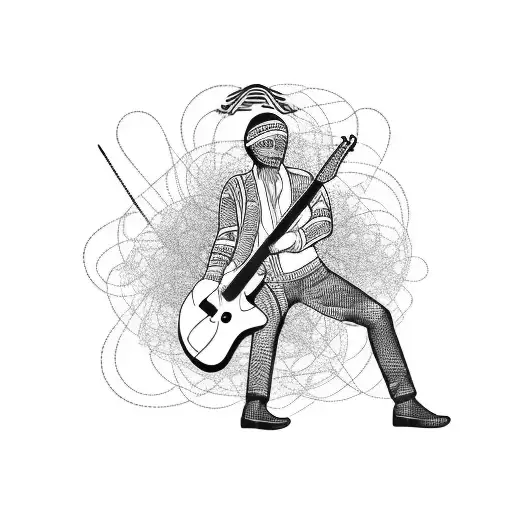 Guitarist surrounded by chaotic sound waves. tattoo design idea