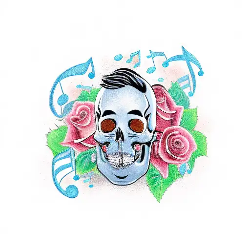 IT analyst surrounded by musical notes and symbols, holding a rose and skull tattoo design idea