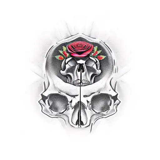 Red Rose's and skulls and mask tribal tattoo design idea