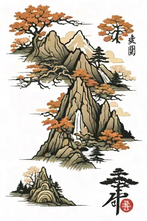 3 mountain range with maple leaf in the middle tattoo design idea