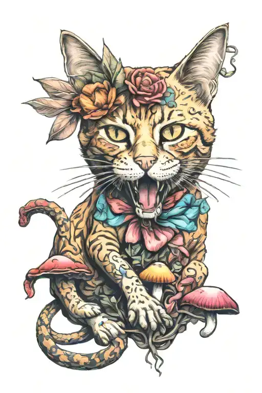 ginger cat holding psychedelic mushrooms in his mouth tattoo design idea