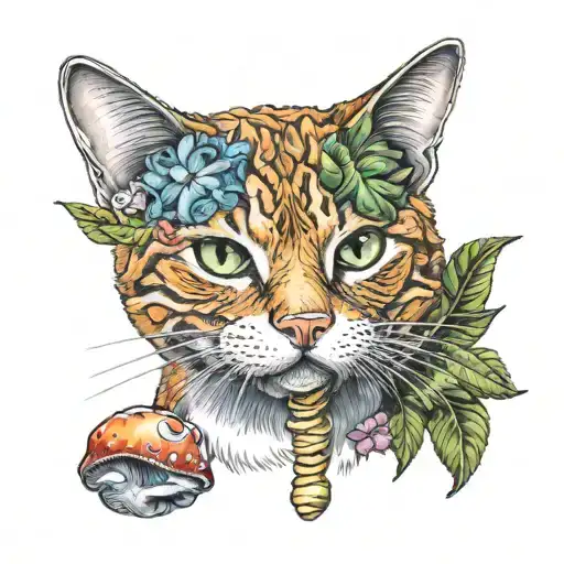 ginger cat holding psychedelic mushrooms in his mouth tattoo design idea