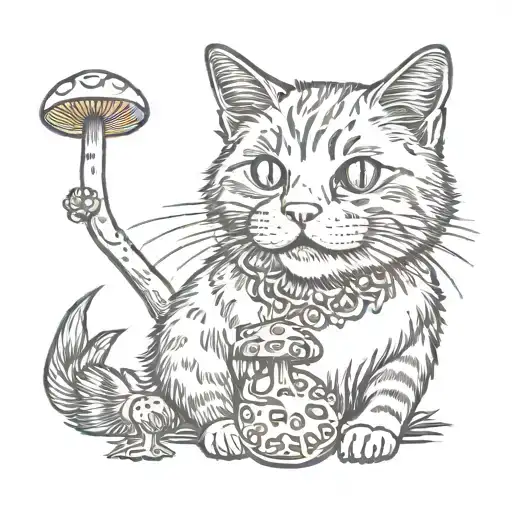 ginger cat holding psychedelic mushrooms in his mouth tattoo design idea