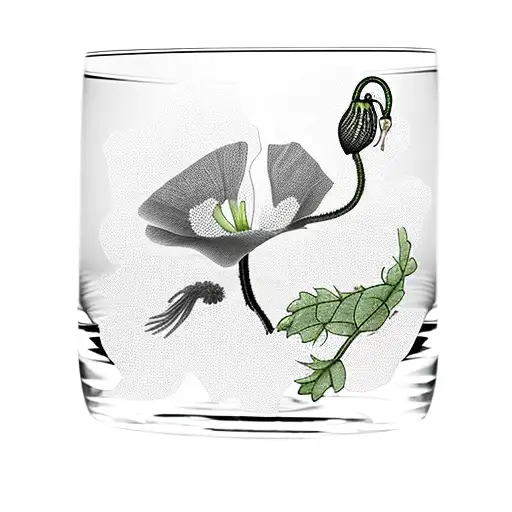 a poppy, a lily, an orchid in a crystal wine glass, surrounded by a branch of weeping willow tattoo design idea