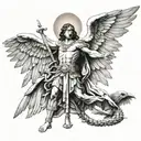 Saint Micheal the Archangel killing Lucifer with a Mexican flag ethnicity  tattoo design idea