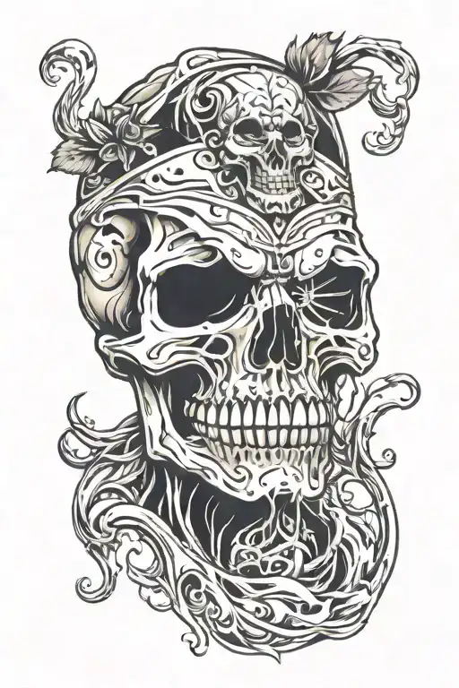 Skull with a mask which is melting tattoo design idea