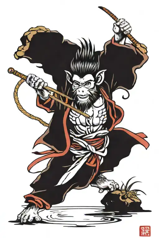 Sun Wukong doing the monkey staff technique while in a pond and holding a circular compass tattoo design idea