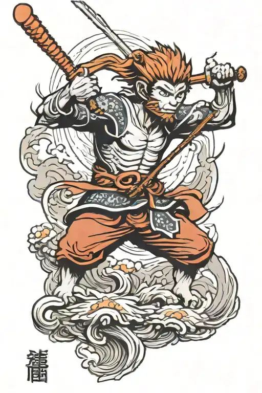 Sun Wukong balancing on a staff in a pond while holding a compass in both hands tattoo design idea
